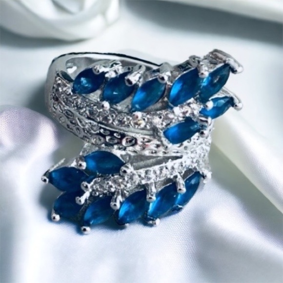 New Sapphire Blue Crystals  Ring Marquise Cut Silver Plated Size 6 - Picture 1 of 6